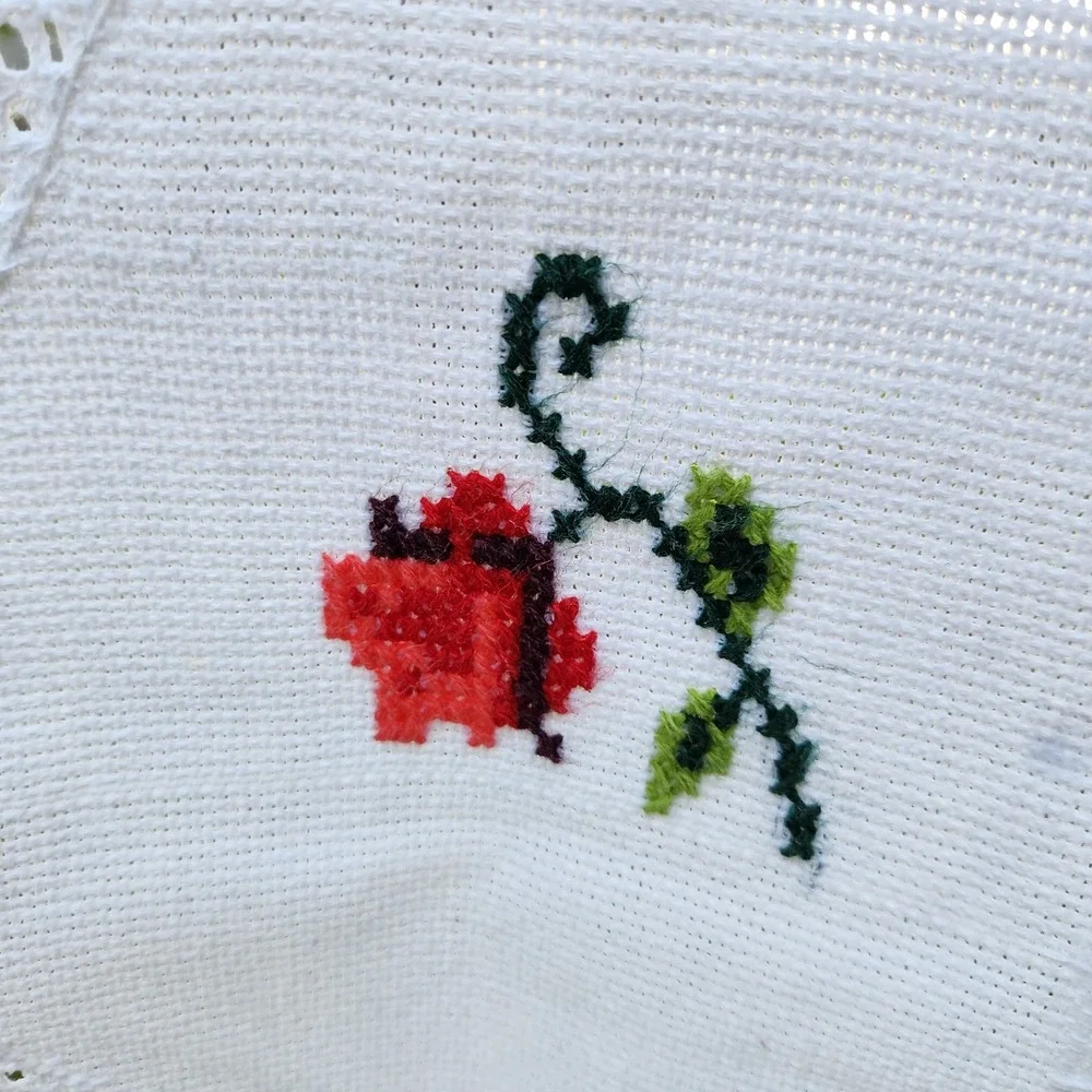 Vintage Embroidered Floral Tablecloth Cross Stitch Openwork Lace Cottagecore